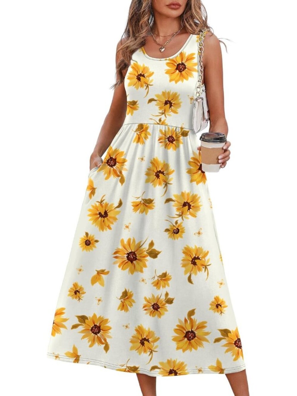 Women's Midi Dresses Sunflower Print Scoop Neck Sleeveless Summer Casual Soft